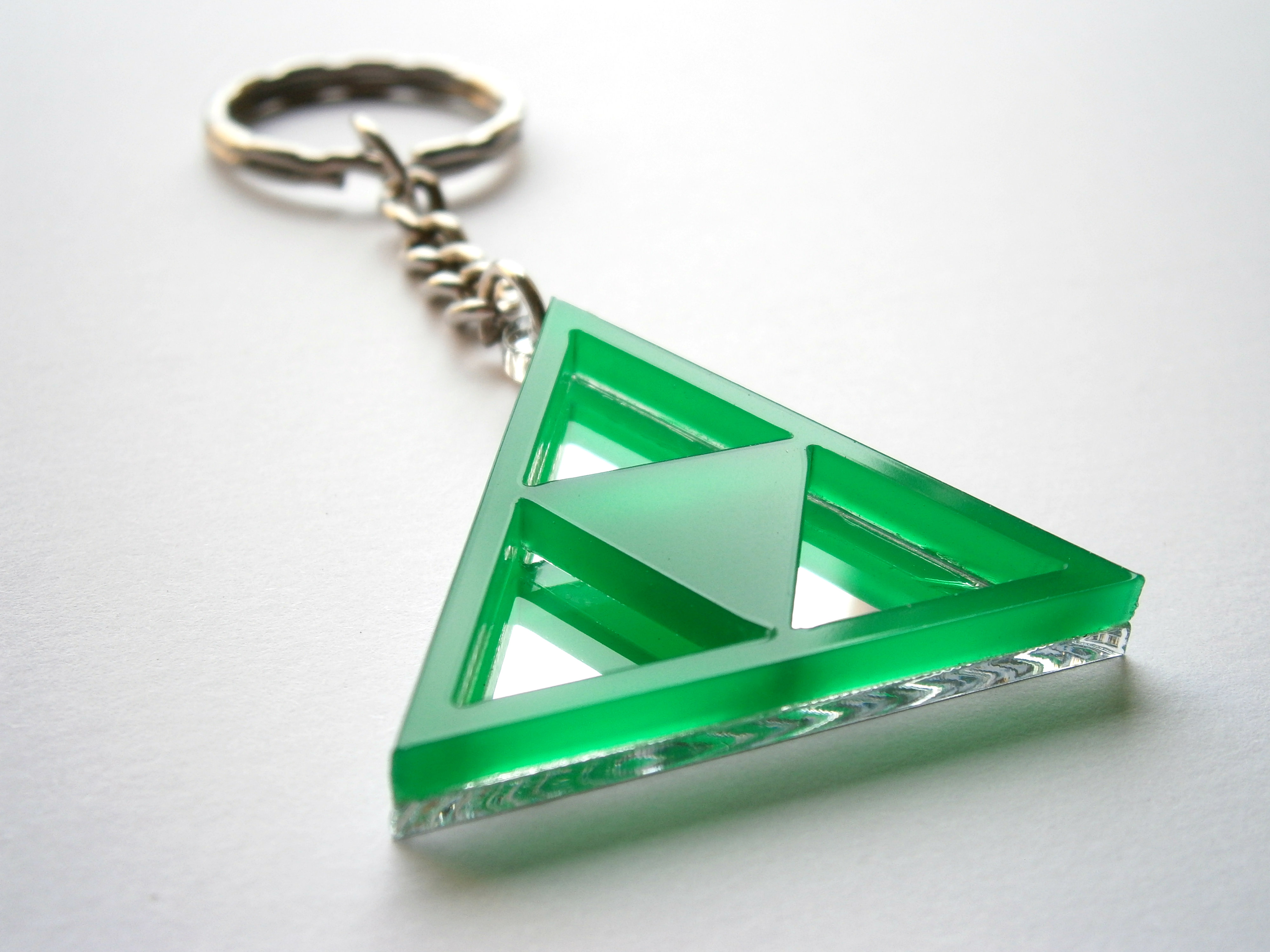 Zelda Triforce Keychain, Laser Cut Green Acrylic and Mirror Plastic