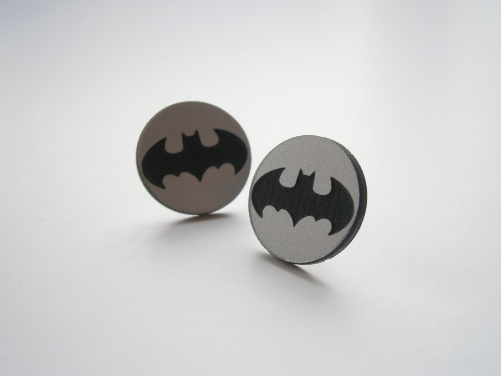 Batman Stud Earrings, Circle Silver Stud, Engraved Batman Logo