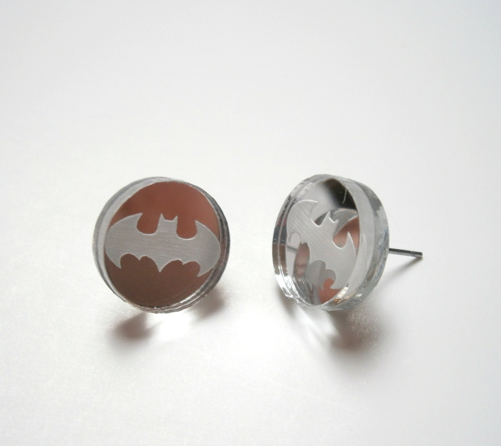 Batman Stud Earrings, Circle Mirror Plastic Stud, Engraved Batman Logo