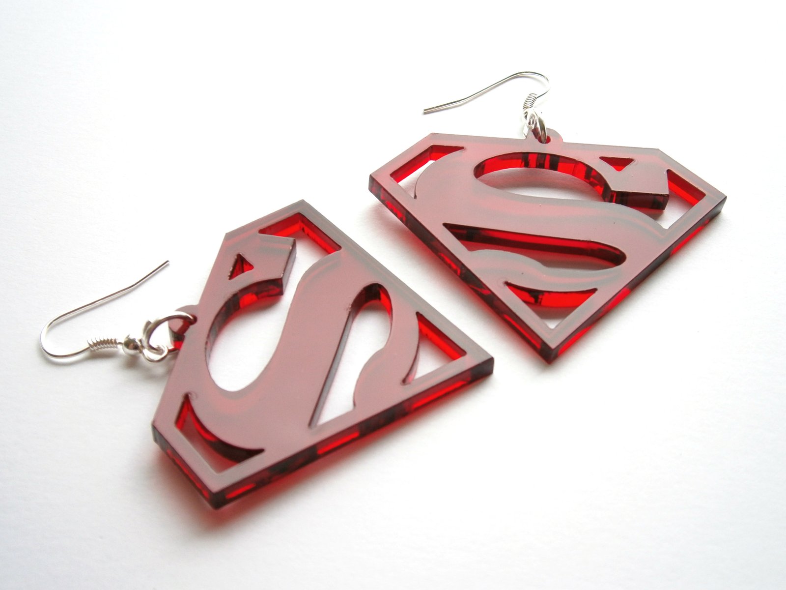 Superman Earrings, Laser Cut Transparent Red Acrylic Plastic