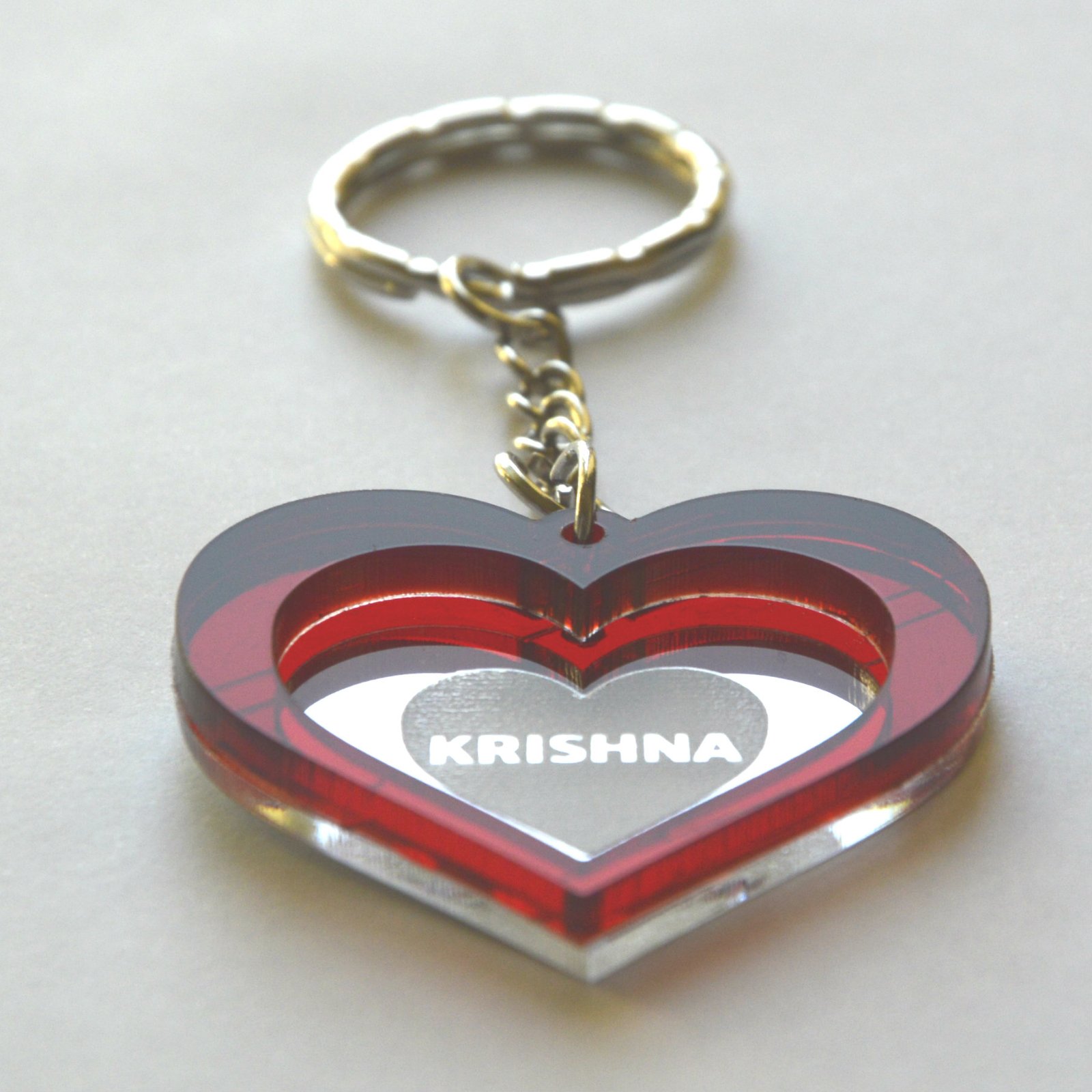Keychain Krishna Lasercut Heart with red and mirror plastic Laser Cut